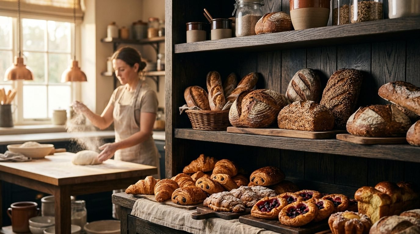 Artisan bakery display with fresh sourdough loaves and pastries