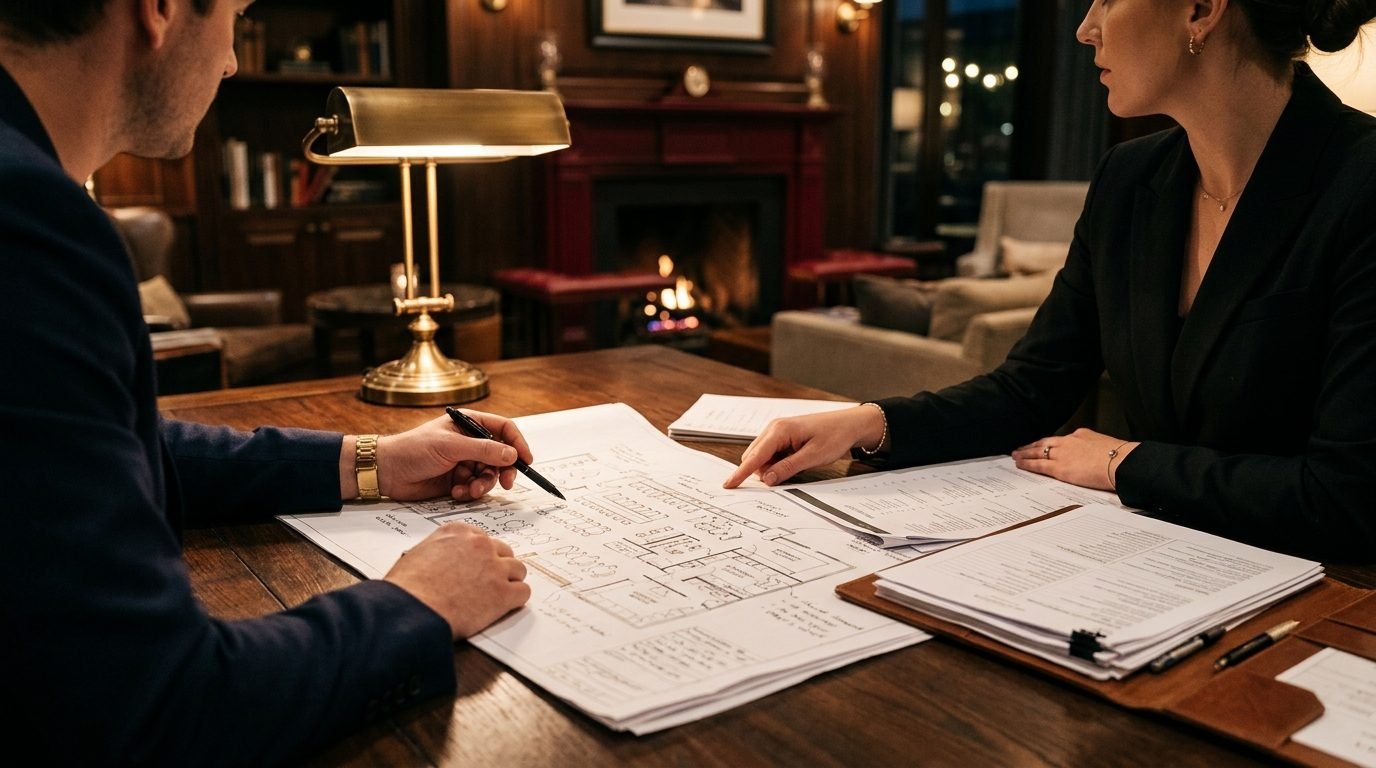 Hospitality consultant discussing a restaurant business plan with owners