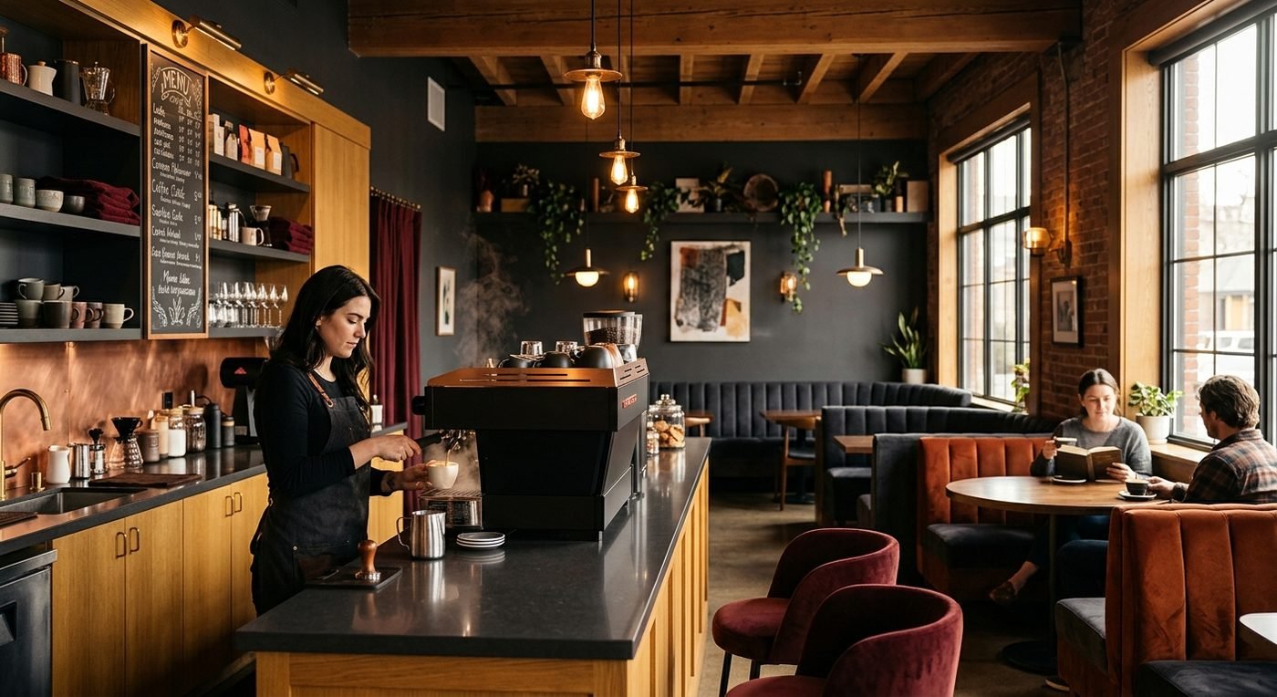 Warm café interior with coffee counter and seating