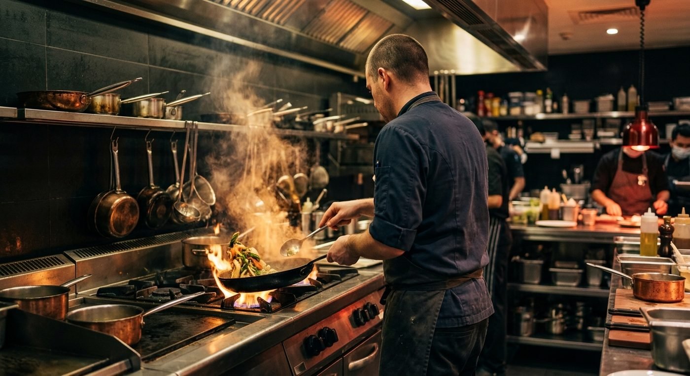Professional chef plating a dish in a restaurant kitchen