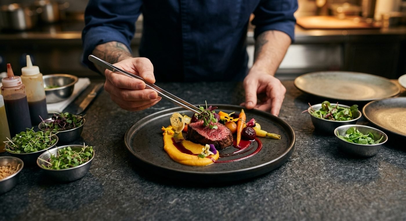 Overhead view of professional food preparation with fresh ingredients