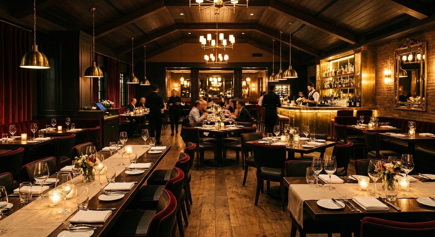 Elegant restaurant interior with warm ambient lighting