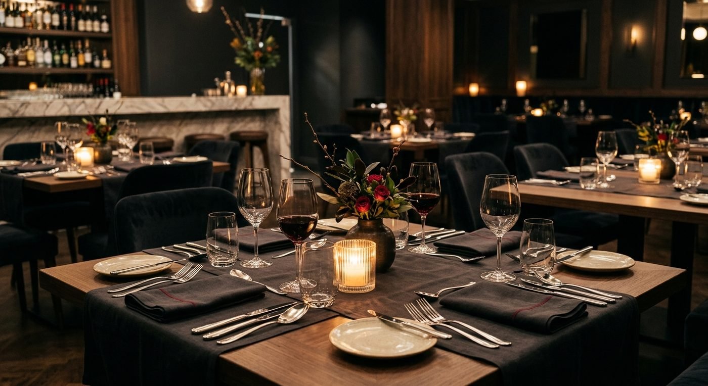 Restaurant table prepared for an opening night service