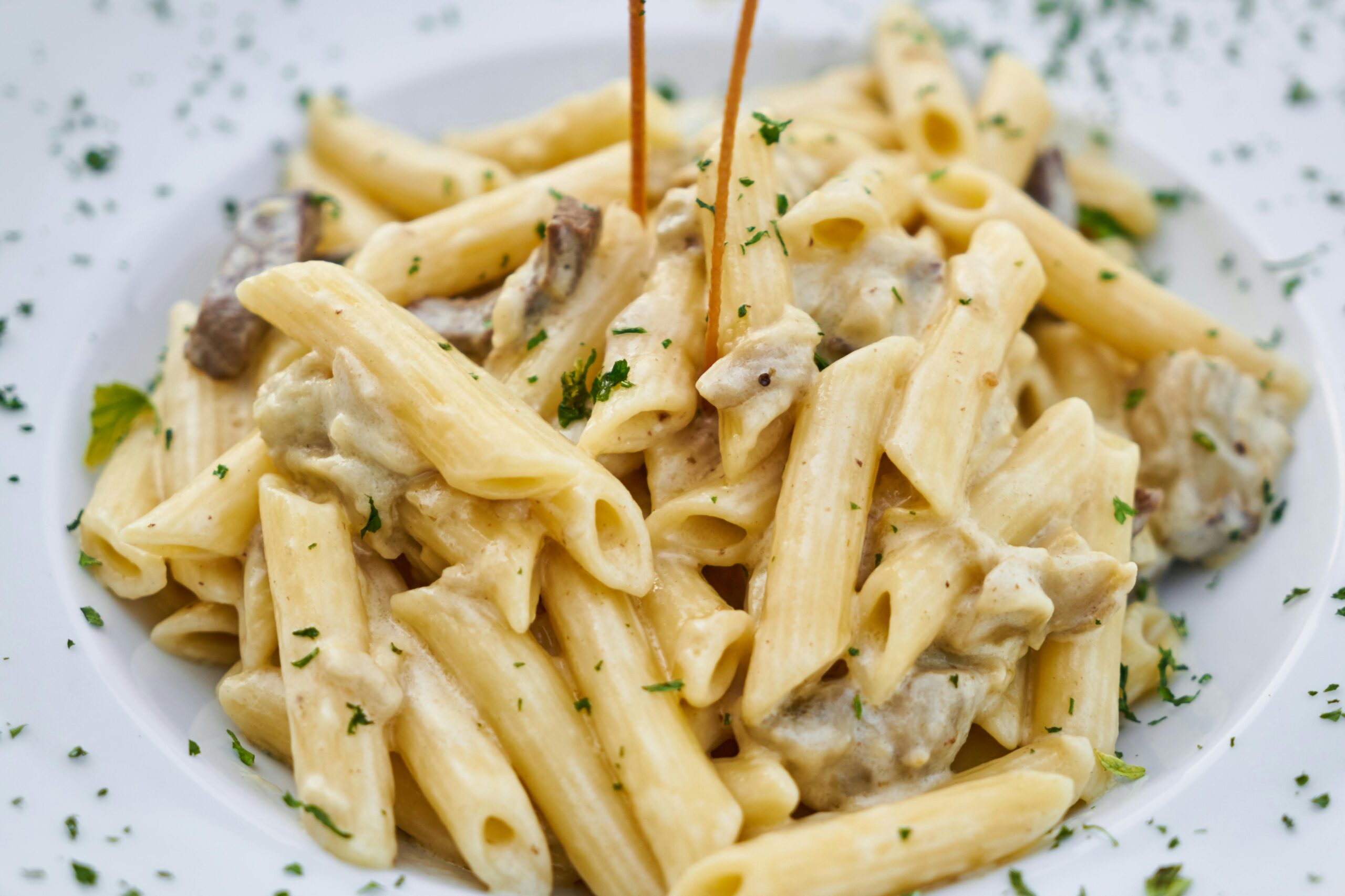 Close-up of creamy pasta with herbs, offering a delicious Italian meal.